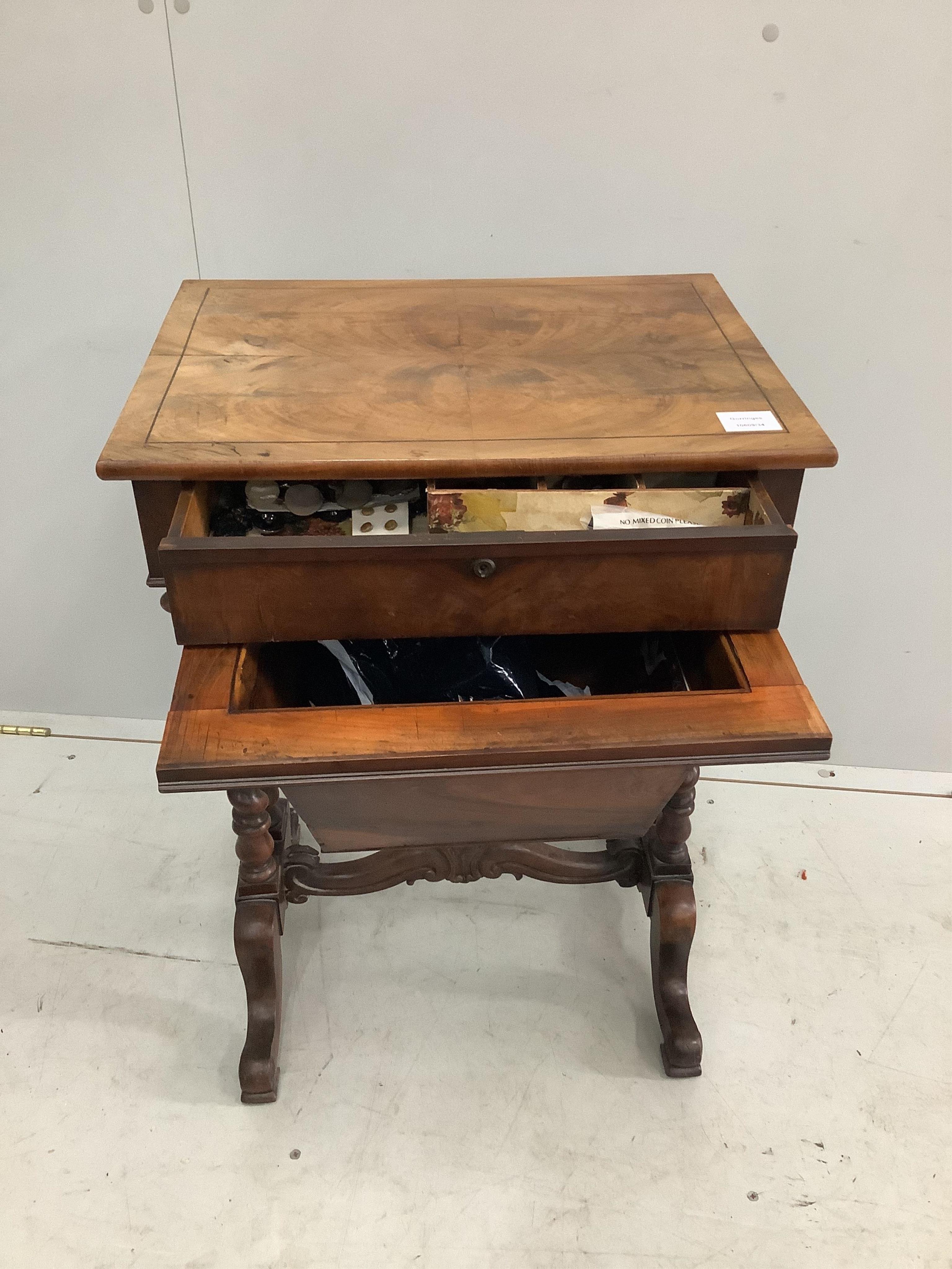 An early Victorian mahogany work table, width 50cm, depth 38cm, height 71cm. Condition - fair